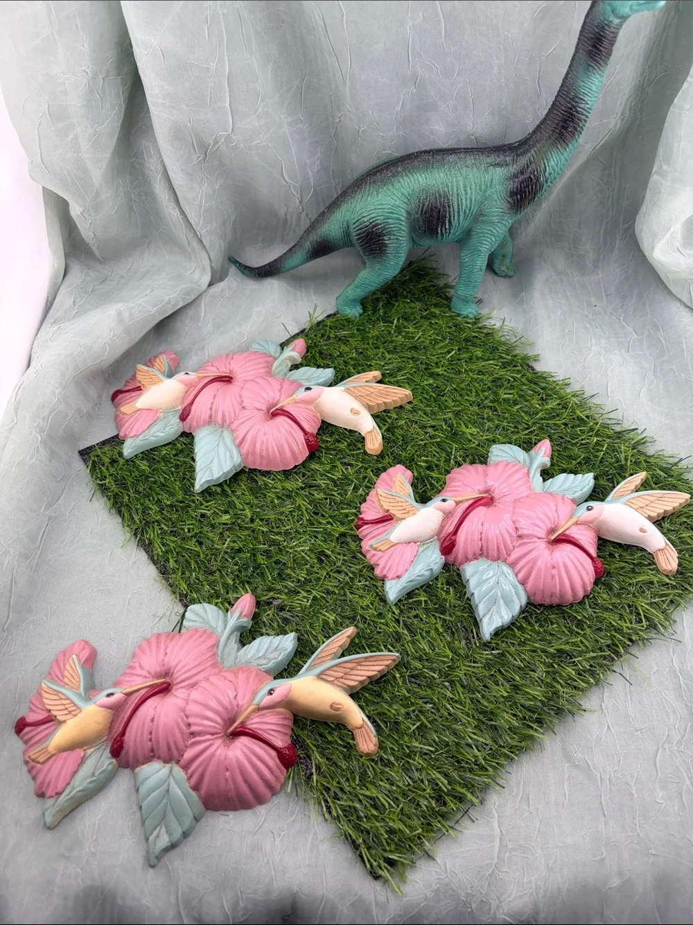 Vintage 1990s Burwood Products Plastic Hummingbird and Flower Wall Art |set of 9